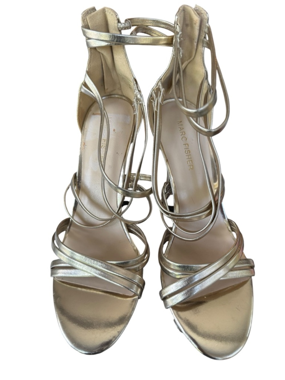 Marc Fisher Rhoda Gold Strappy 4 Inch Heel Sandals Size 8 EUC